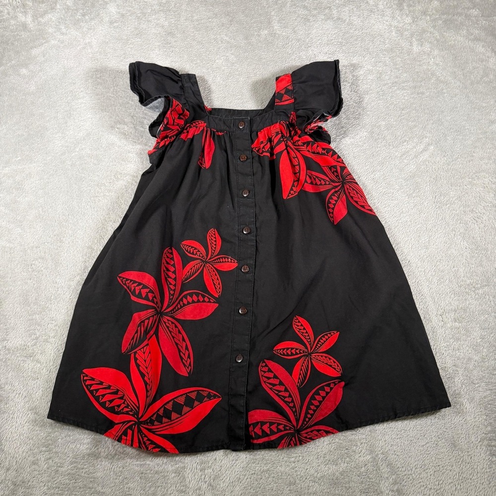Tanoa Dress Girls 8 Black Red‎ Floral Hawaiian Button Front Tencel Sundress